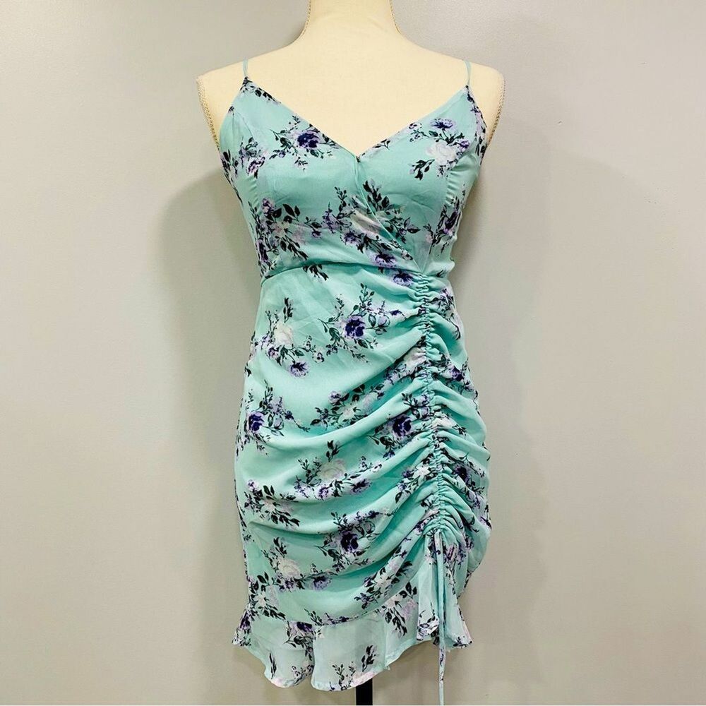 LOVELY DAY NWT M Mint Green Floral Chiffon Ruched Mini Dress Romantic Coquette*